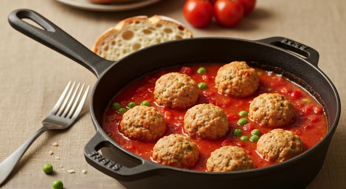 Albóndigas caseras de pollo en salsa servidas en una cazuela