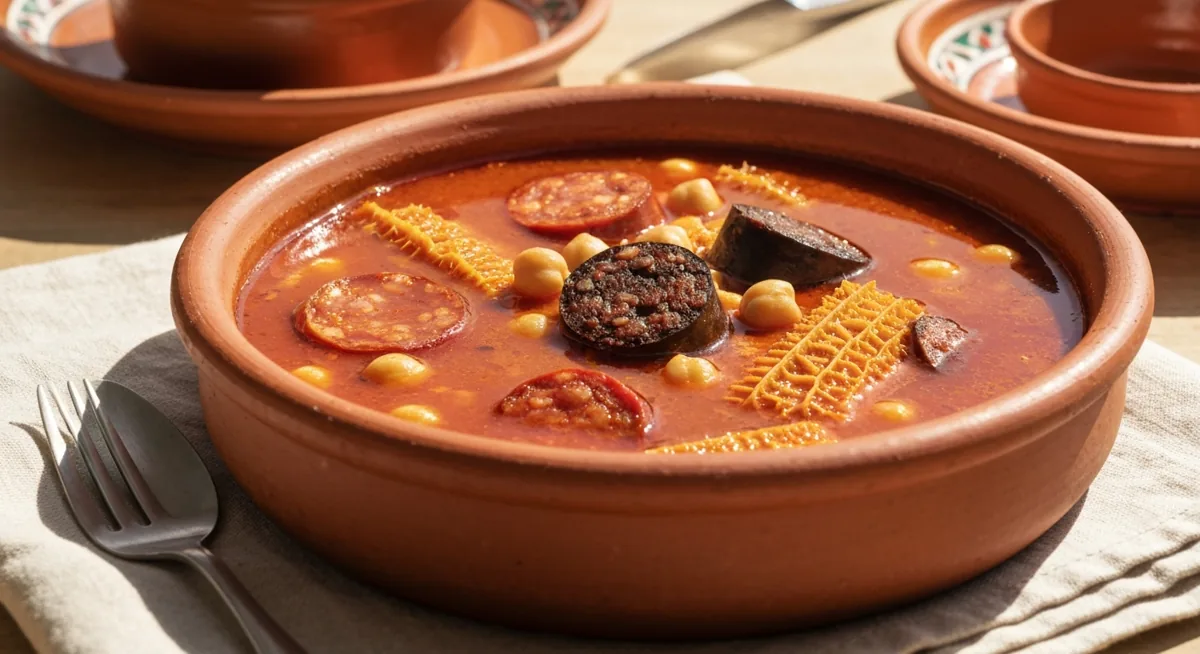Callos a la andaluza con garbanzos, chorizo y morcilla en cazuela de barro