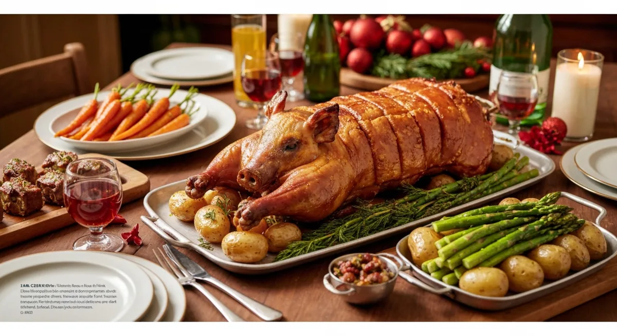 Cochinillo asado con la piel dorada y crujiente para Navidad