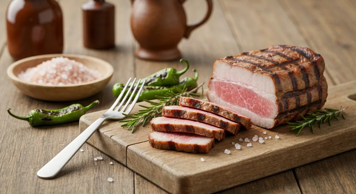 Secreto de cerdo a la parrilla cortado en una tabla de madera