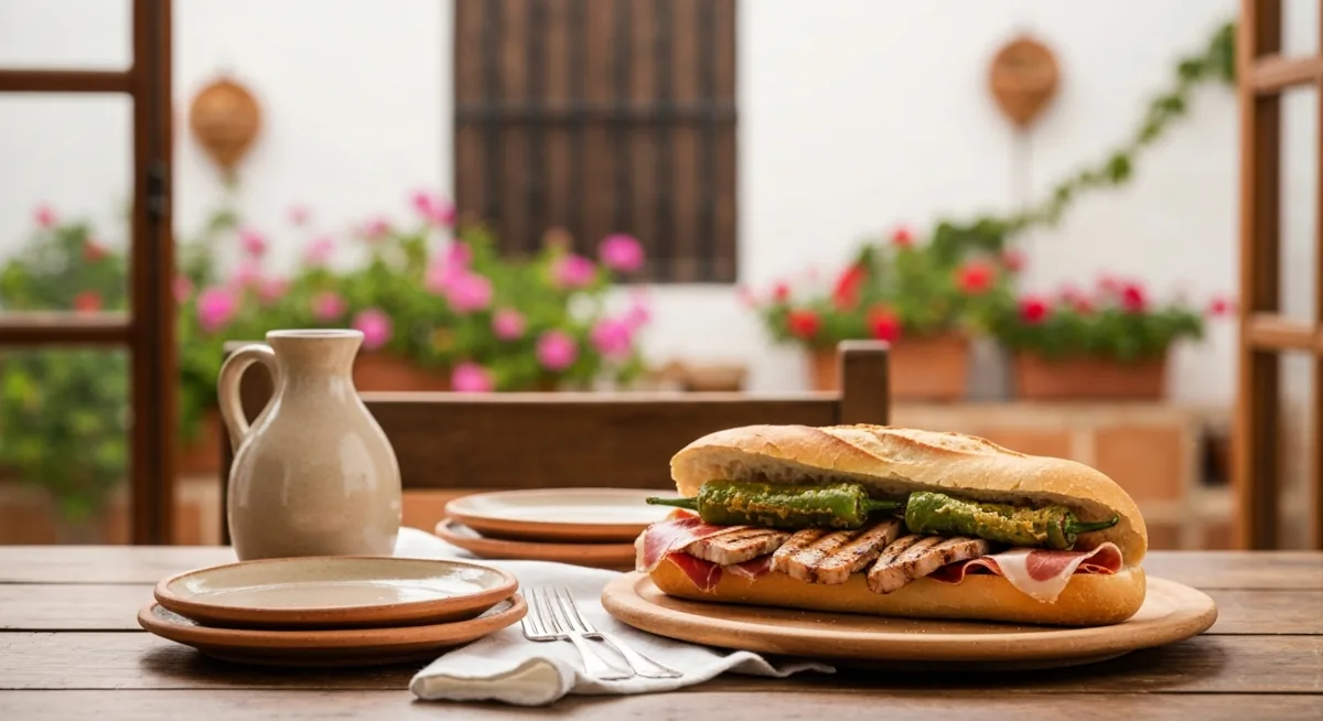 Serranito andaluz, bocadillo de lomo, jamón serrano y pimiento frito