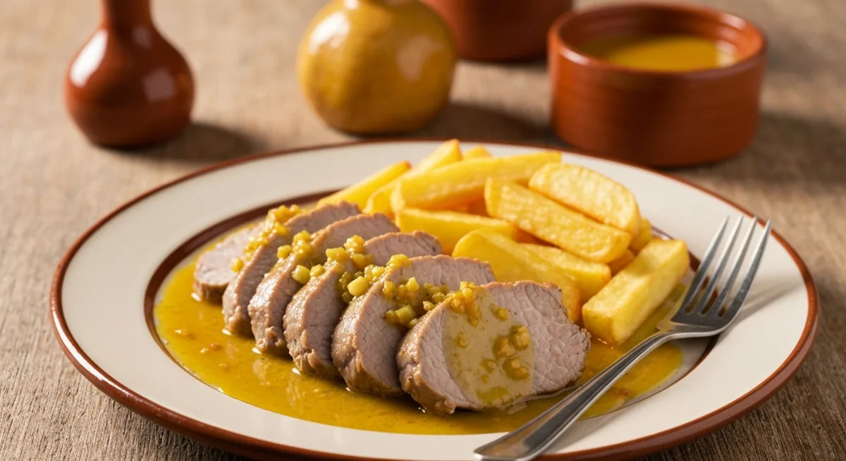 Solomillo de cerdo al whisky en salsa con patatas fritas